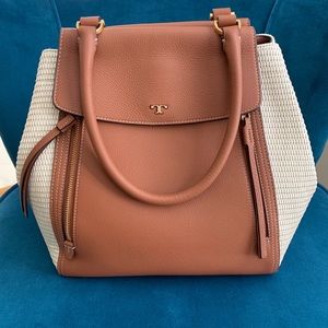TORY BURCH Half-Moon Straw & Tan Leather Tote